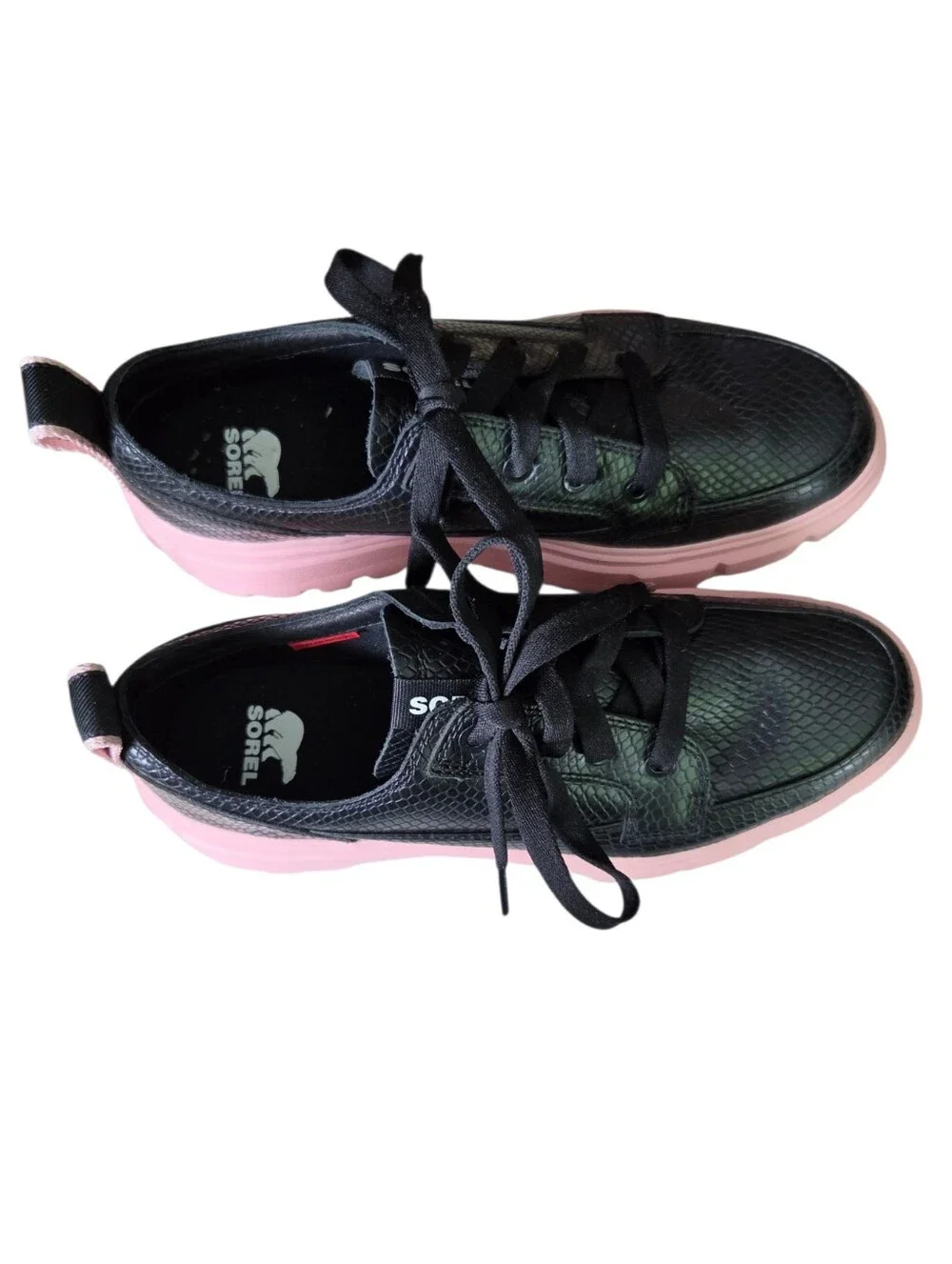 SOREL Caribou X Womens Waterproof Black with Pink Platform Sneakers, size 9.5.